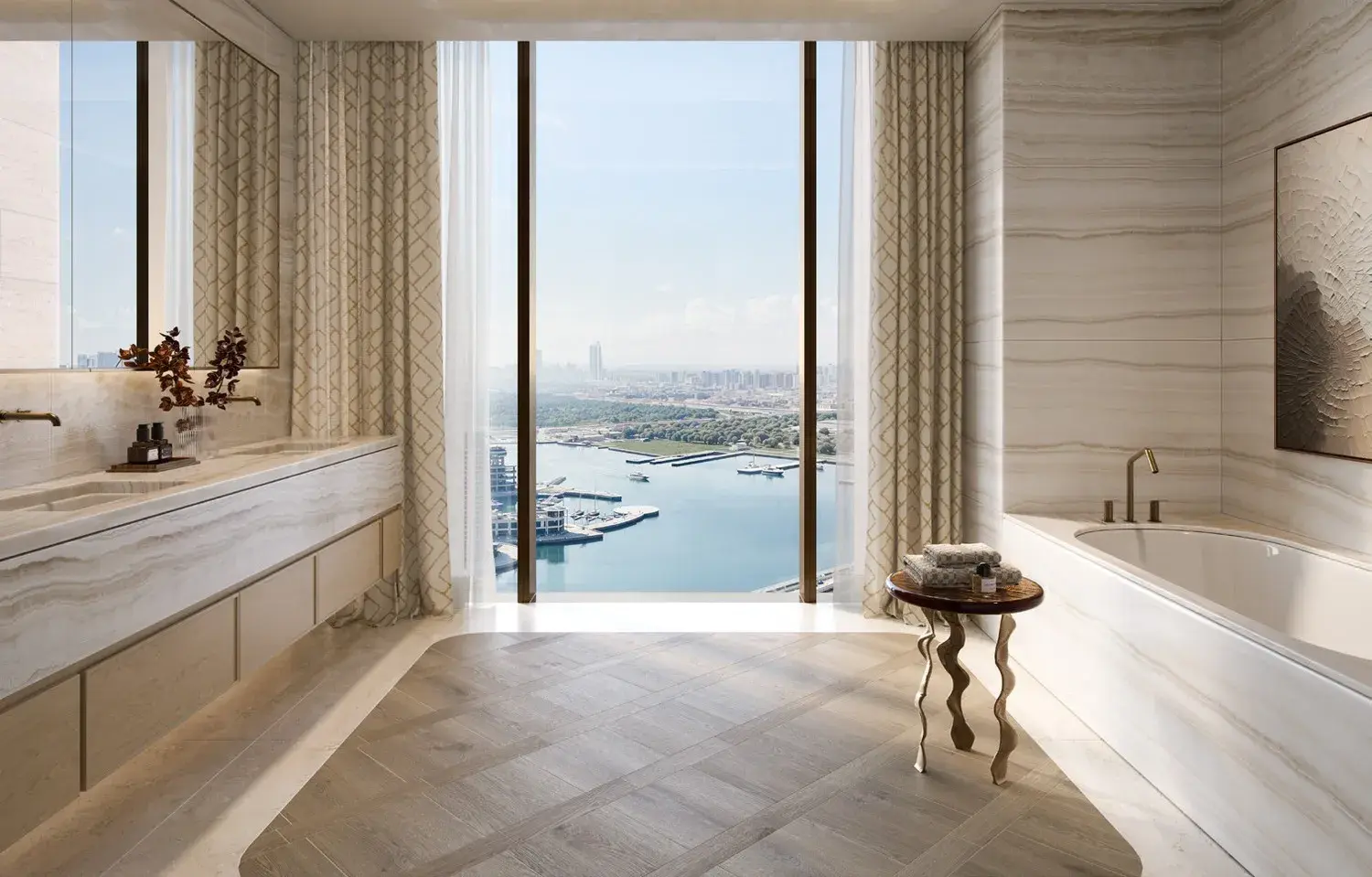 Master ensuite bathroom with waterfront views at The Ritz-Carlton Residences, Al Maryah Island