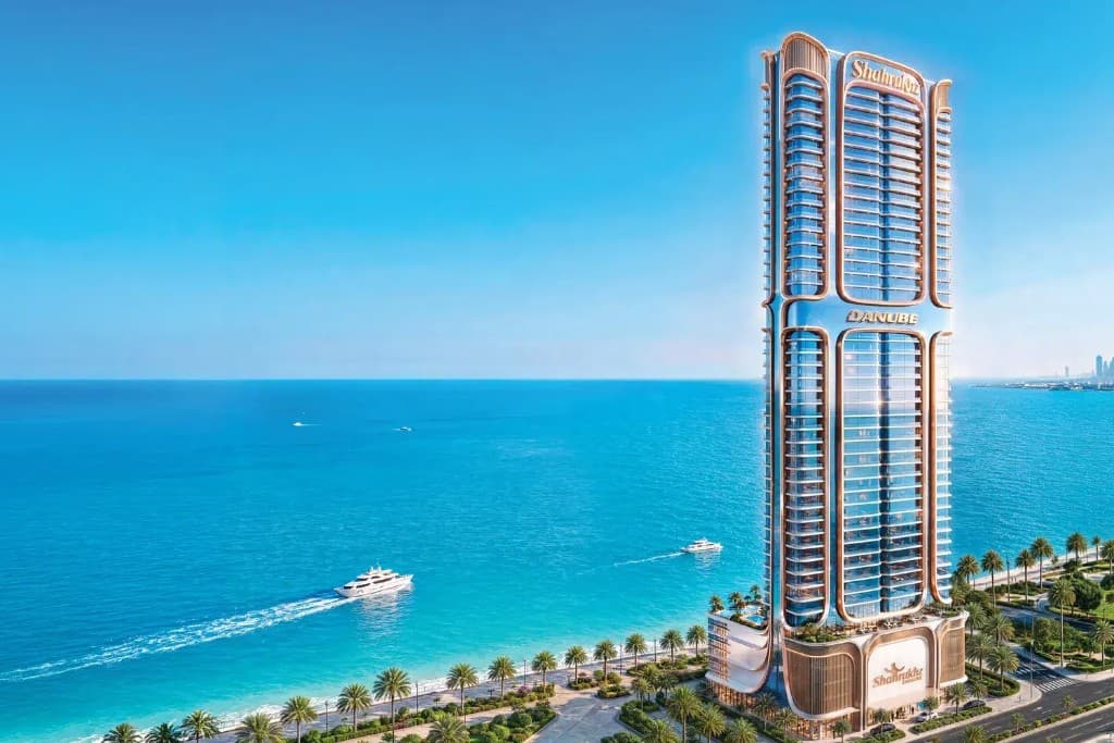Static aerial context for Shahrukhz Residences by Danube on the Dubai Maritime City peninsula, not live navigation
