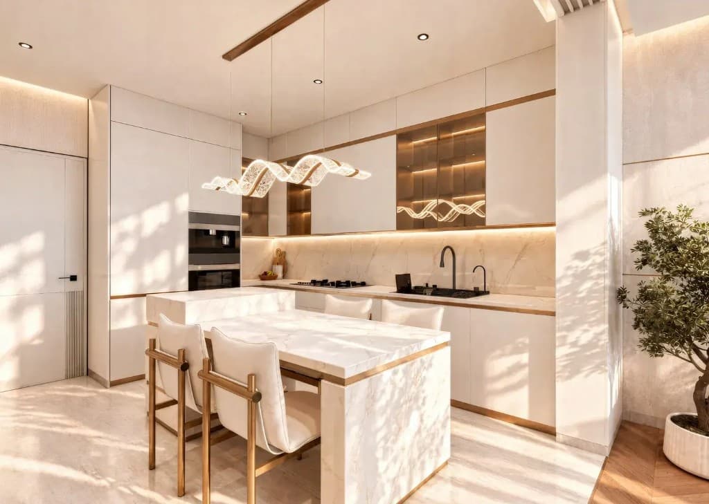 Fully furnished kitchen interior at Shahrukhz Residences by Danube, Dubai Maritime City