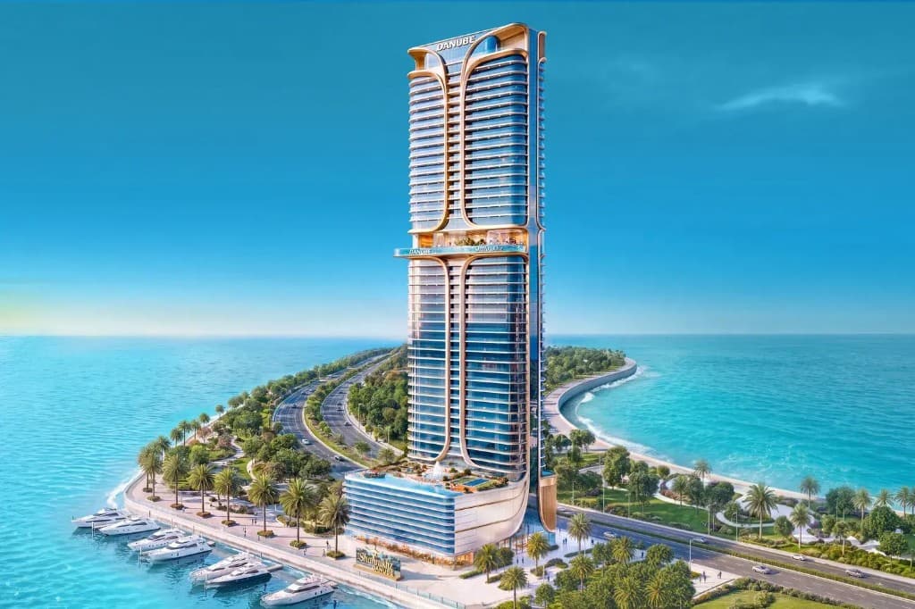 Shahrukhz Residences by Danube branded waterfront tower exterior in Dubai Maritime City