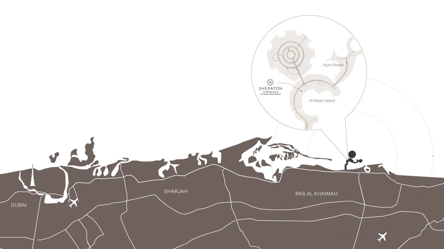 Static location map of Sheraton Residences Al Marjan Island, Ras Al Khaimah, not live navigation