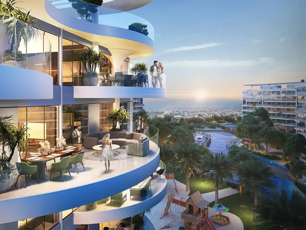 Curved balcony apartments at Sorrento in DAMAC Lagoons at sunset, Dubailand, Dubai
