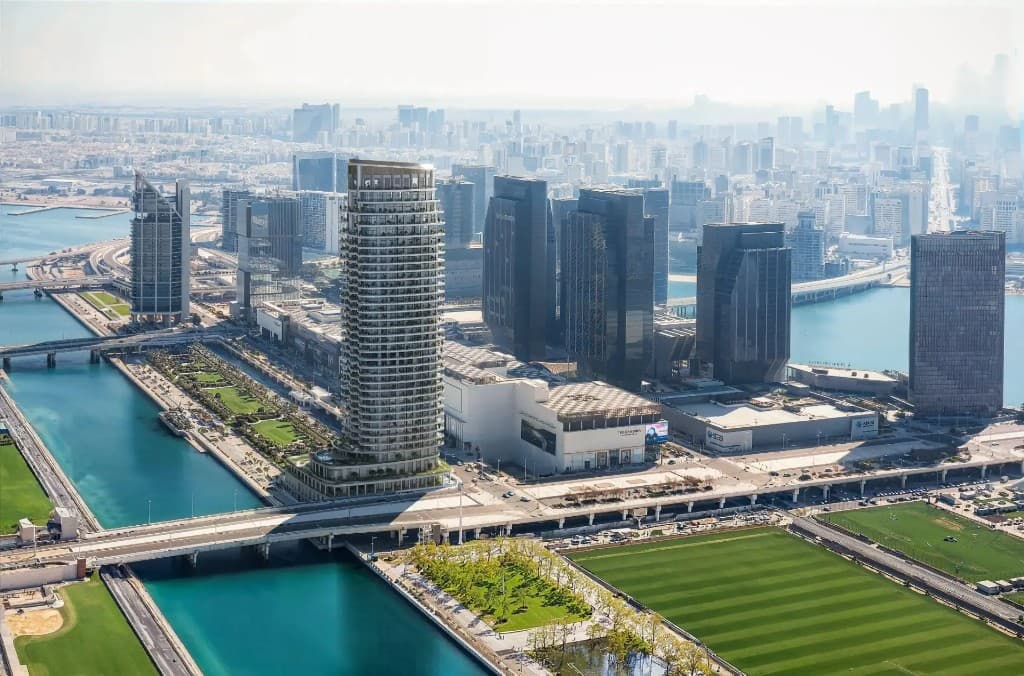 Static aerial of St. Regis The Residences at Al Maryah Island in Abu Dhabi, not live navigation