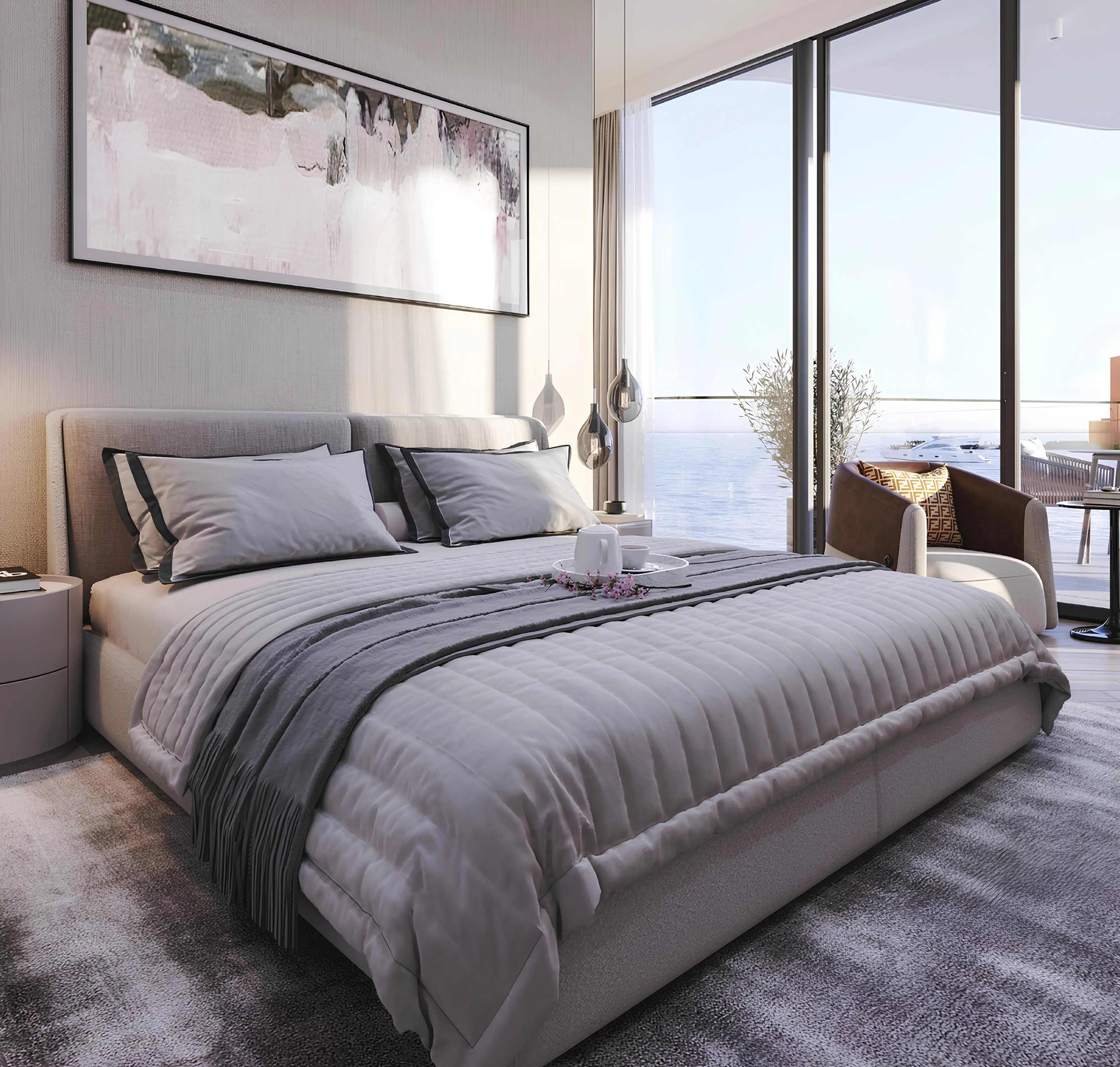 Living room with sea view at The Beach Vista, Al Marjan