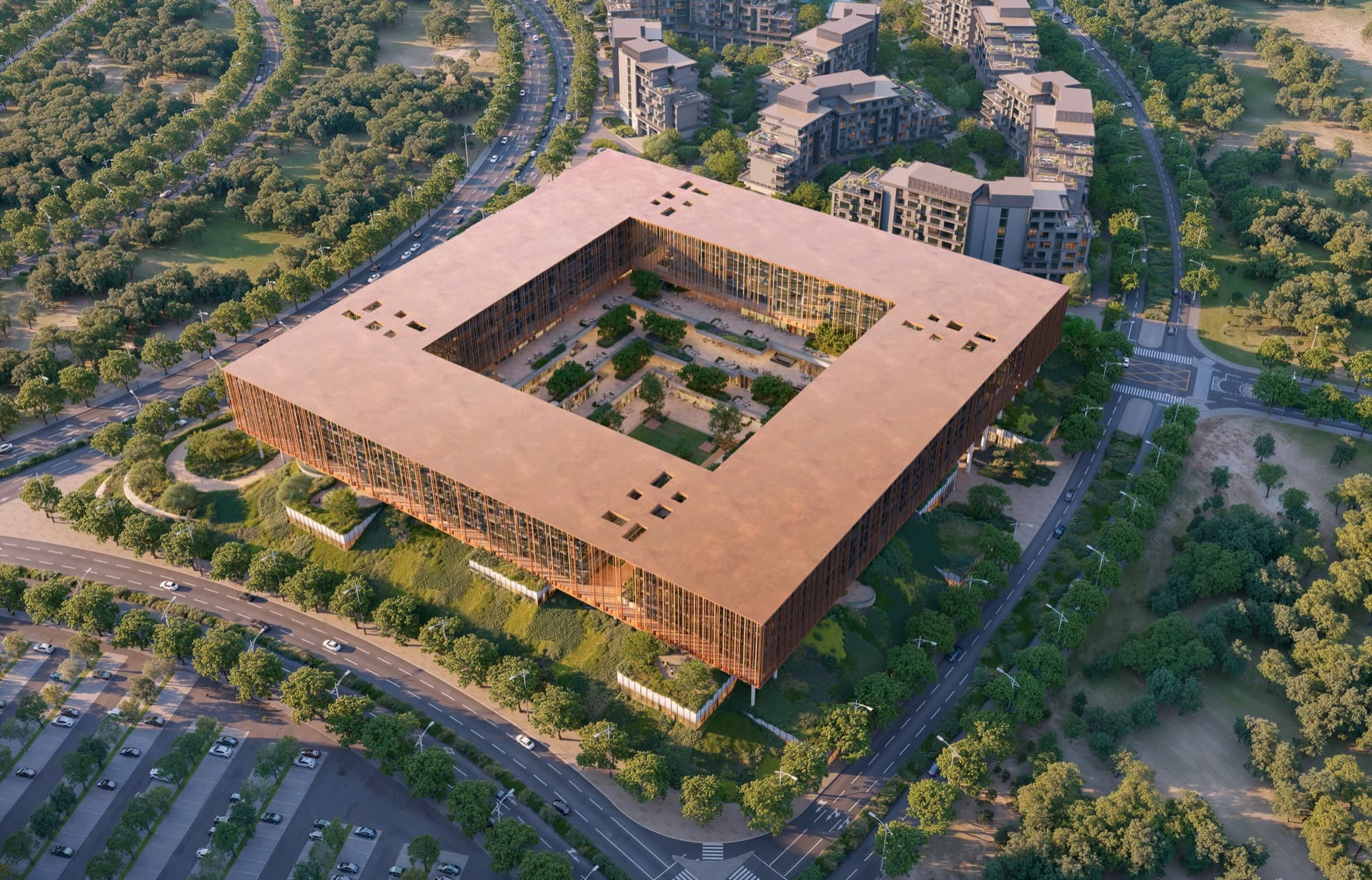 Aerial view of The Yards Plaza in City of Arabia, Dubai