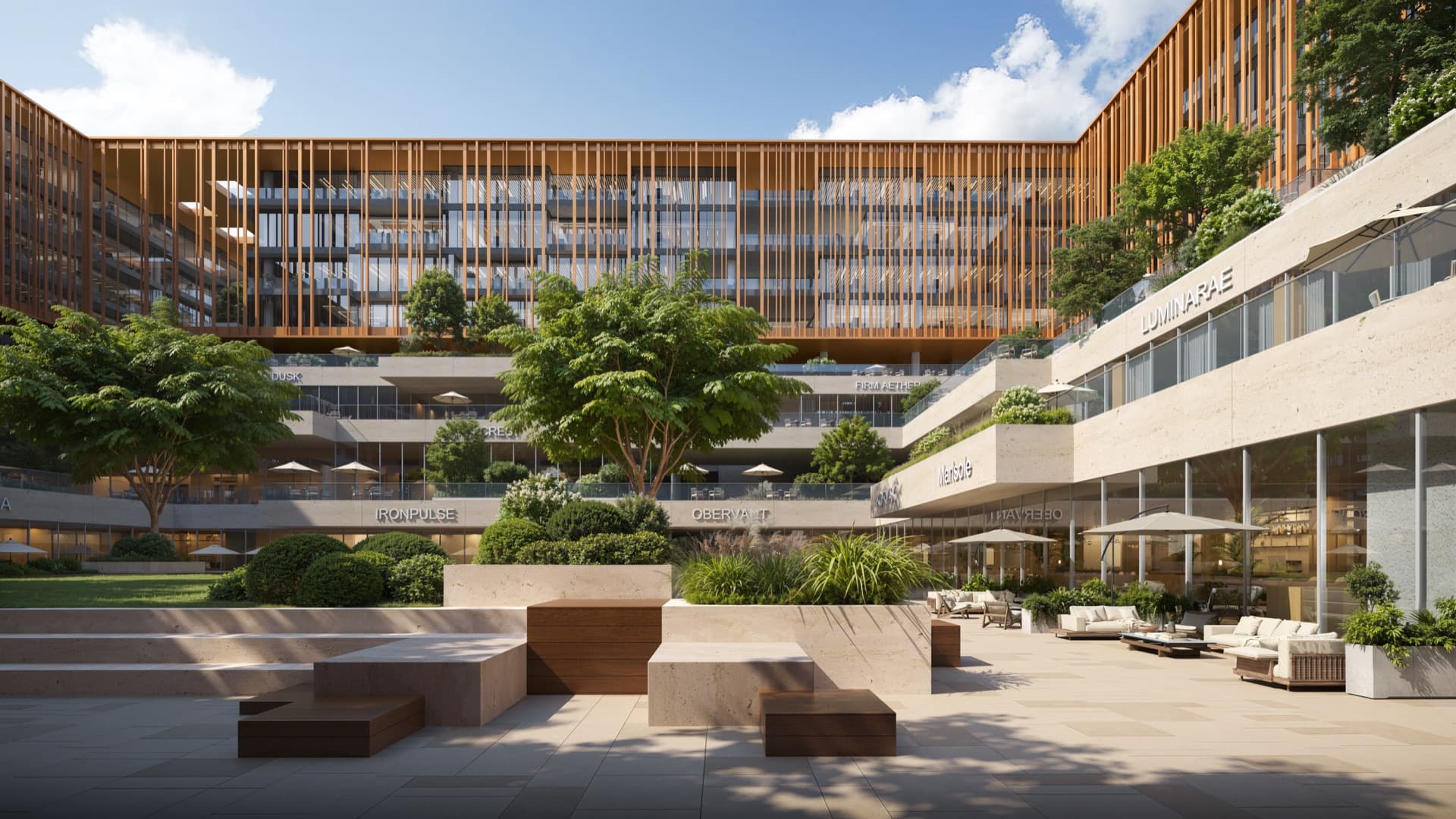 Central courtyard by day at The Yards Plaza, City of Arabia, Dubai