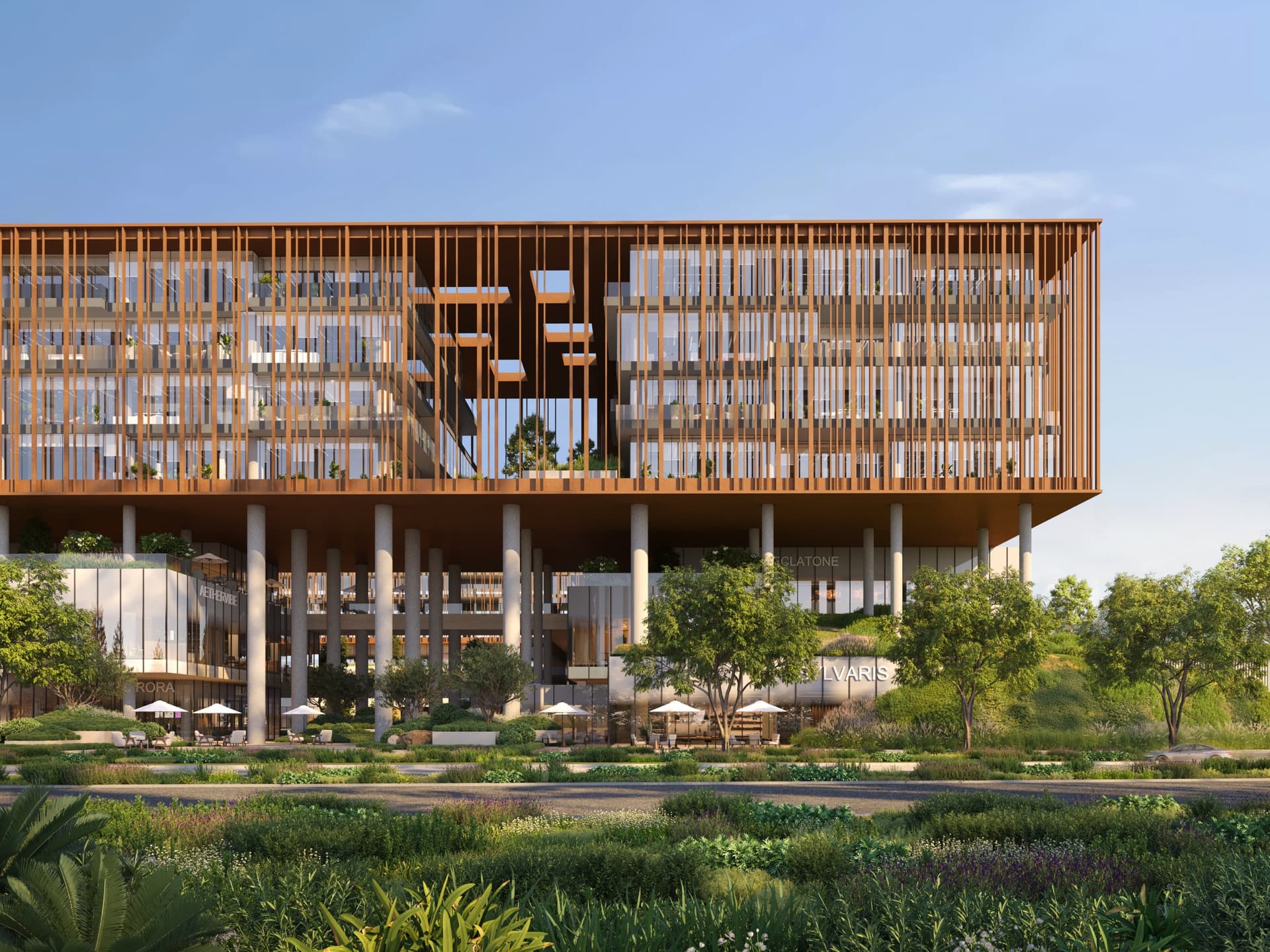 Exterior of The Yards Plaza commercial blocks in City of Arabia, Dubai
