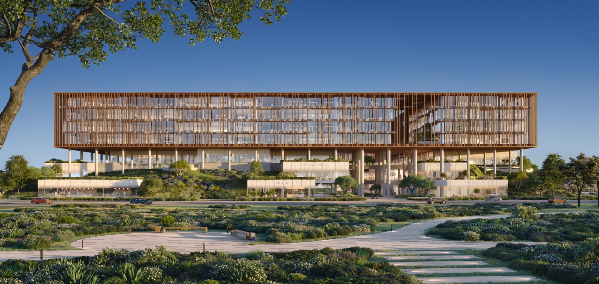 Front view of The Yards Plaza with louvred facade, City of Arabia, Dubai