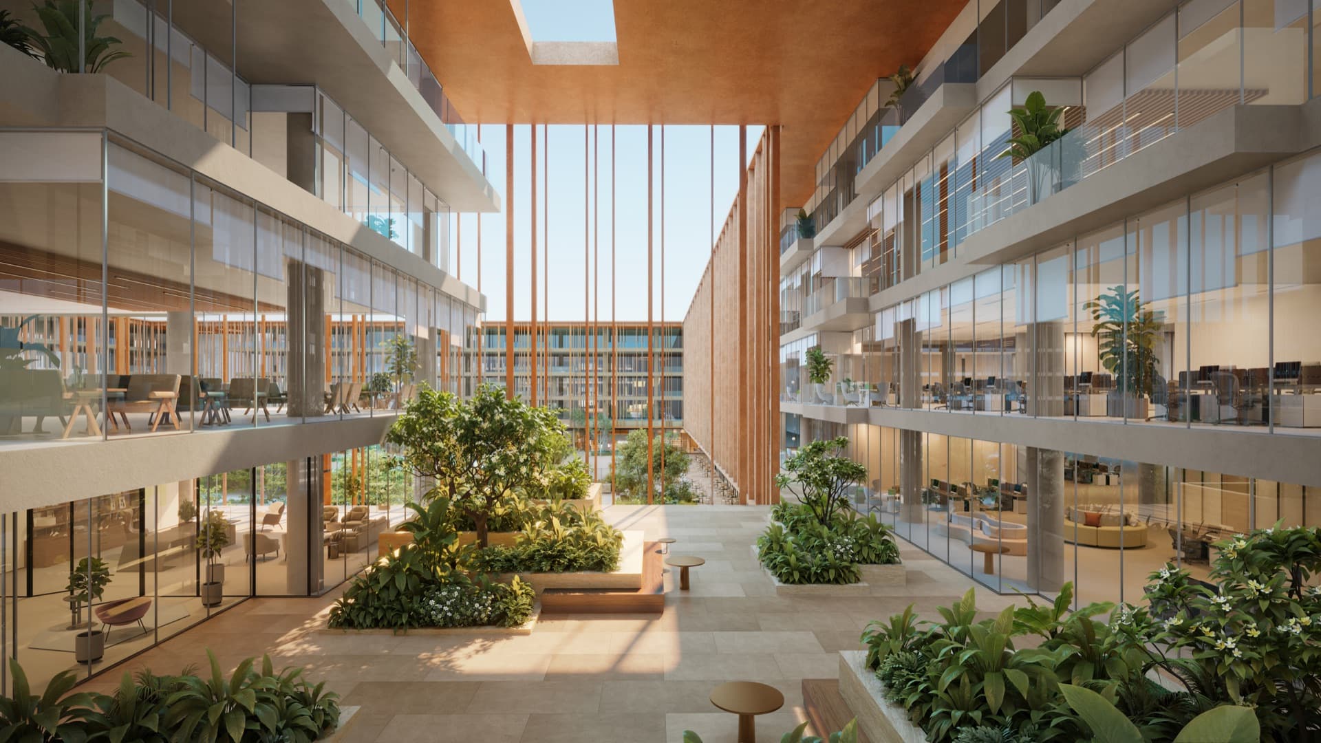 Garden lounge and landscaped seating at The Yards Plaza, City of Arabia, Dubai