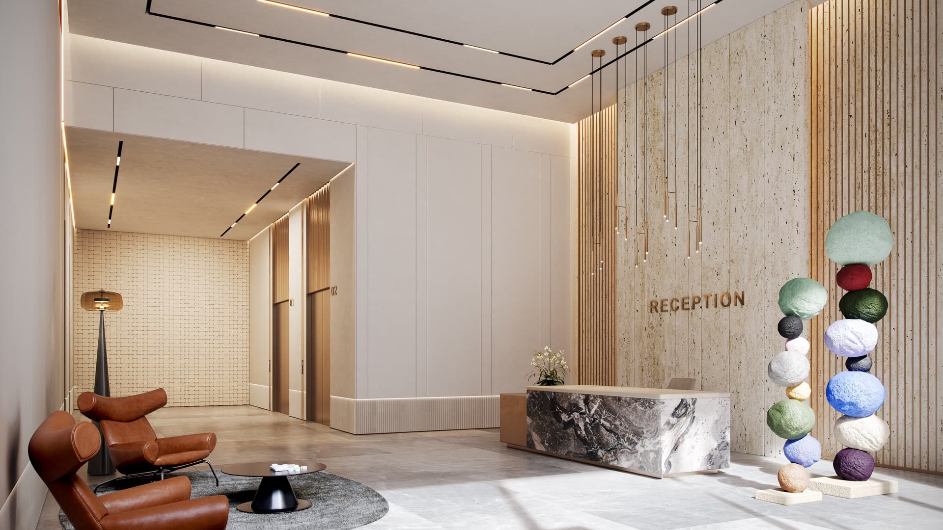 Office lobby in the evening at The Yards Plaza, City of Arabia, Dubai