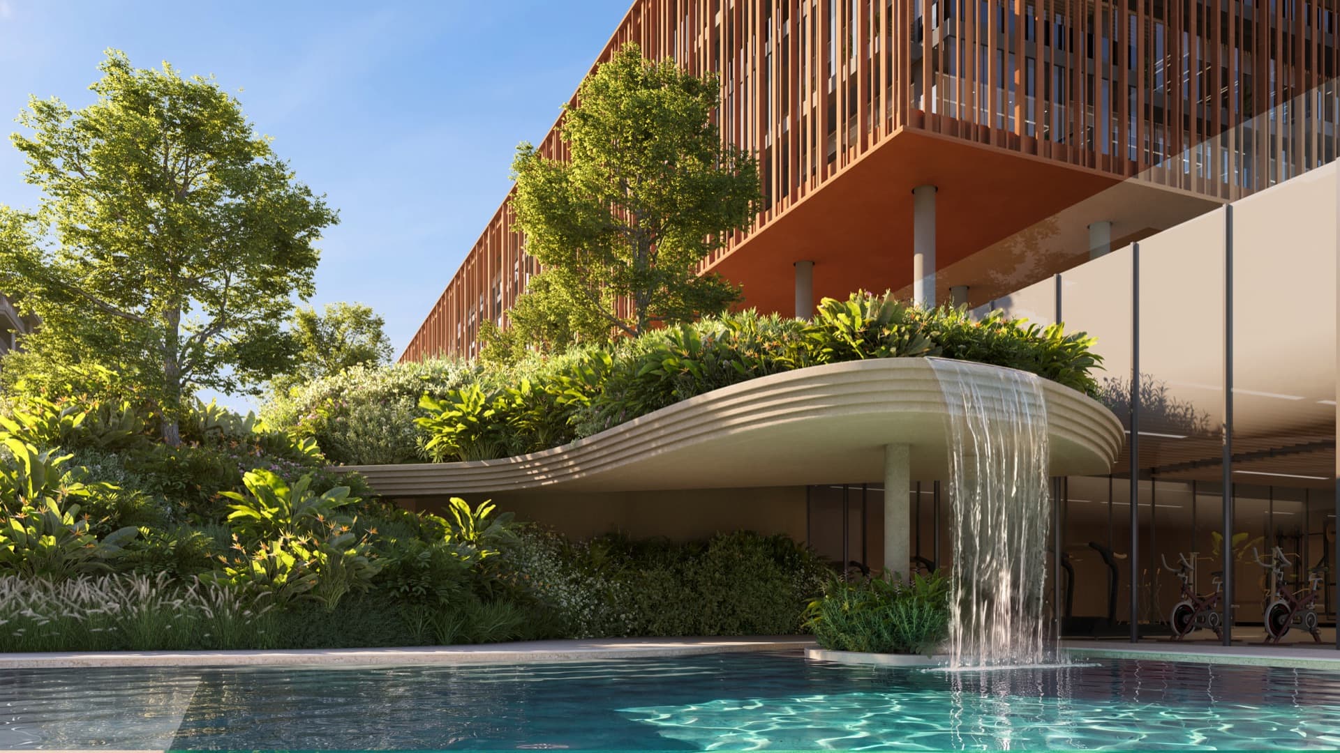 Gym and pool amenities at The Yards Plaza, City of Arabia, Dubai