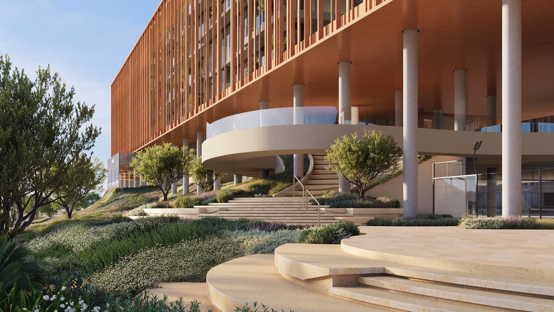 Public terraces at The Yards Plaza, City of Arabia, Dubai