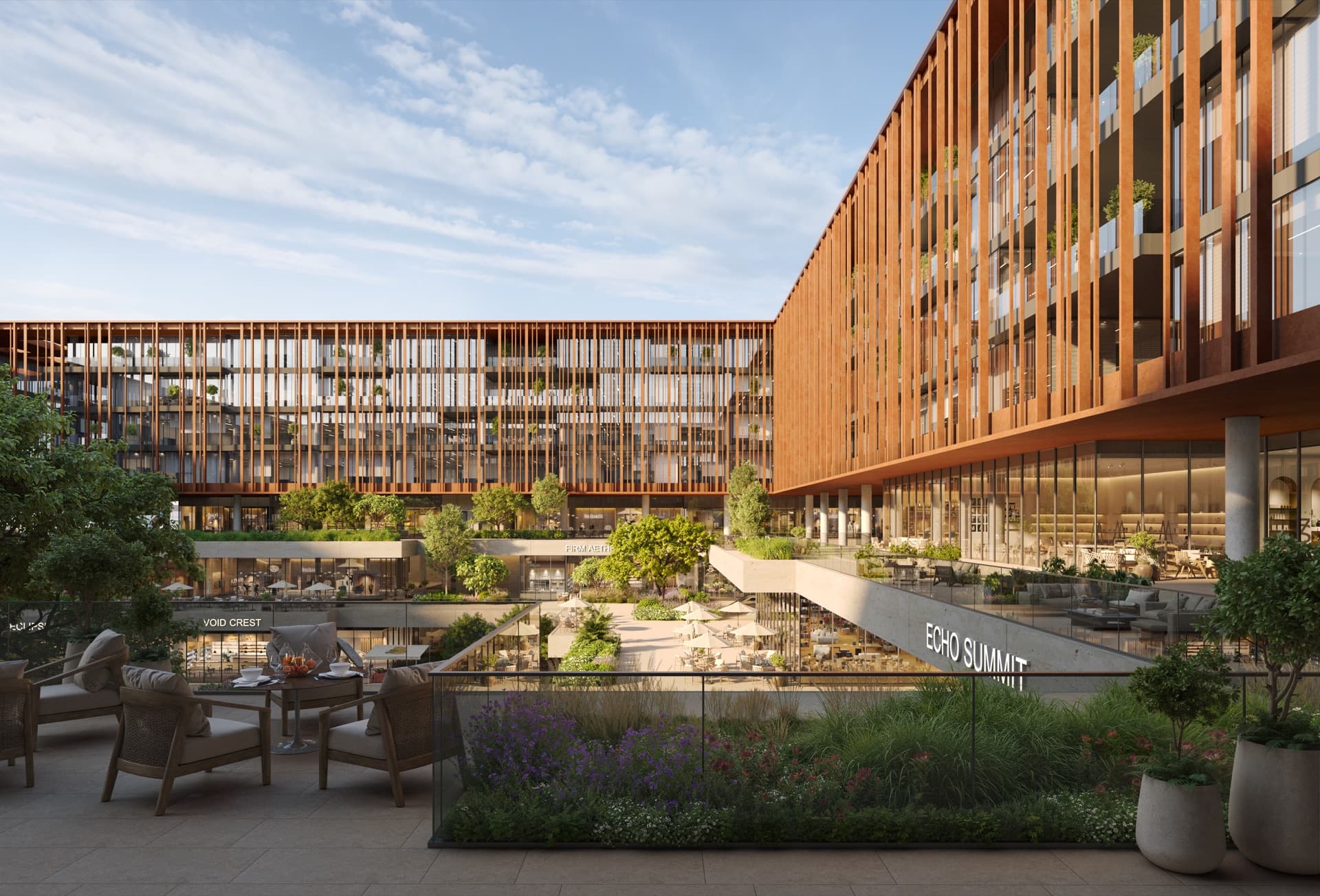 Retail and dining levels at The Yards Plaza, City of Arabia, Dubai