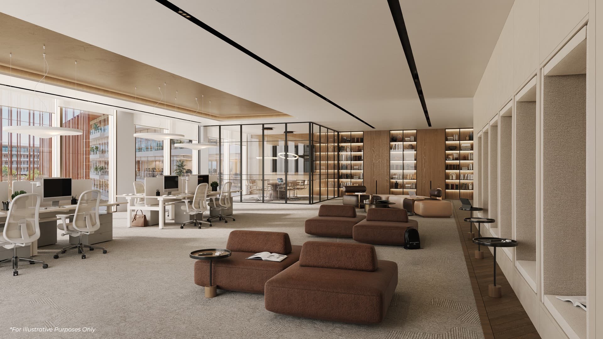 Illustrative desk workspace at The Yards Plaza, City of Arabia, Dubai