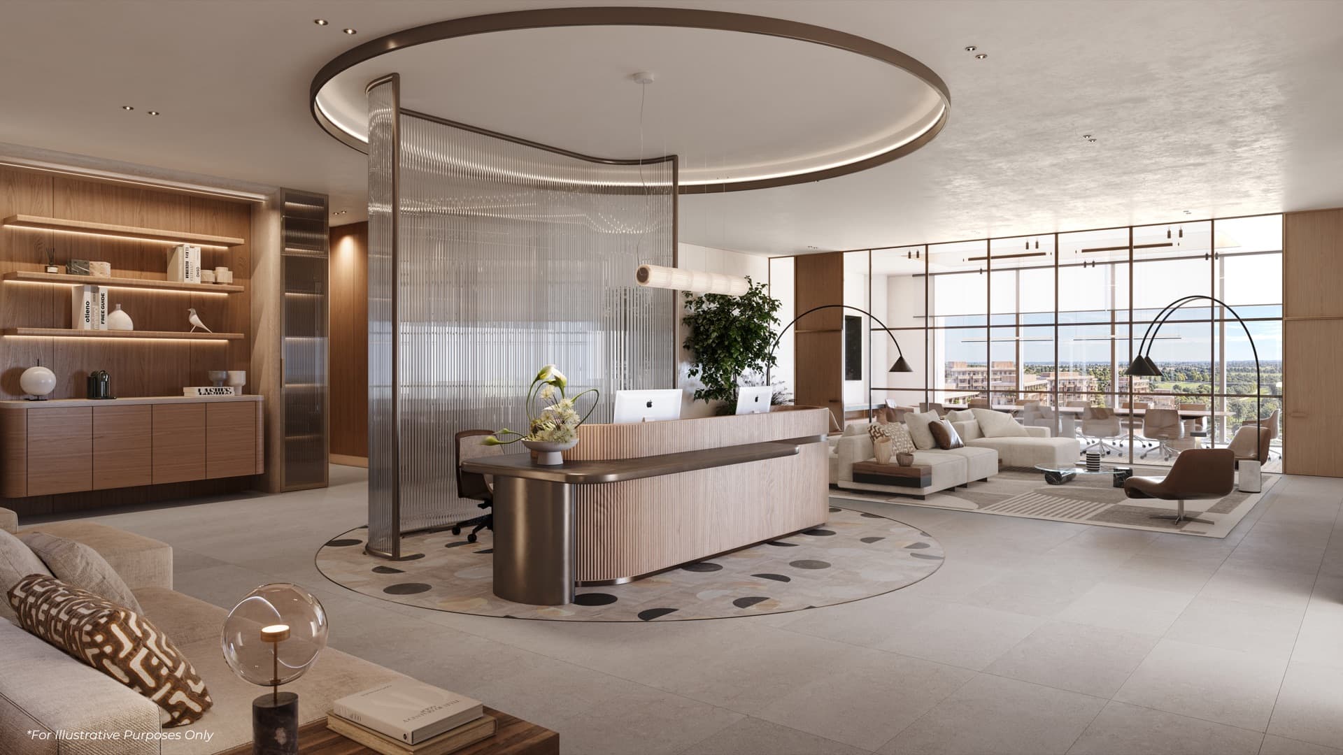Illustrative workspace reception at The Yards Plaza, City of Arabia, Dubai