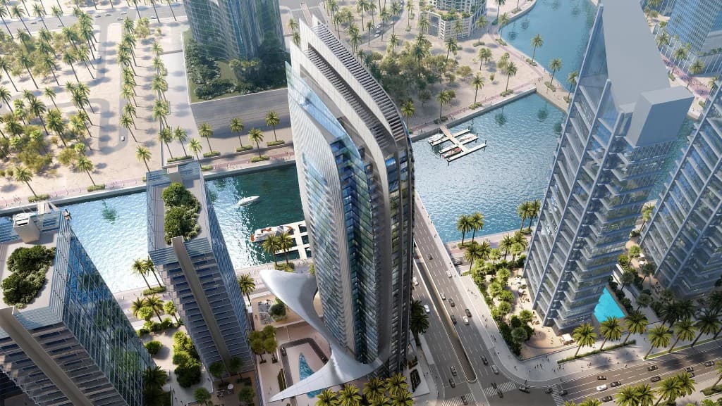 Static aerial of W Residences by Taraf at Al Maryah Island in Abu Dhabi, not live navigation