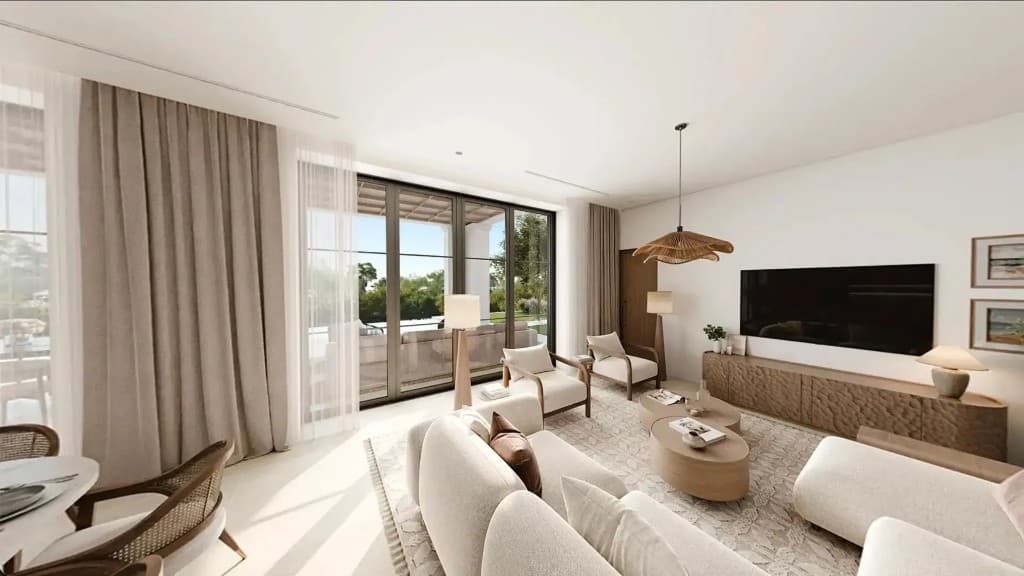 Wadeem Gardens by Modon villa living room with terrace view, Hudayriyat Island Abu Dhabi