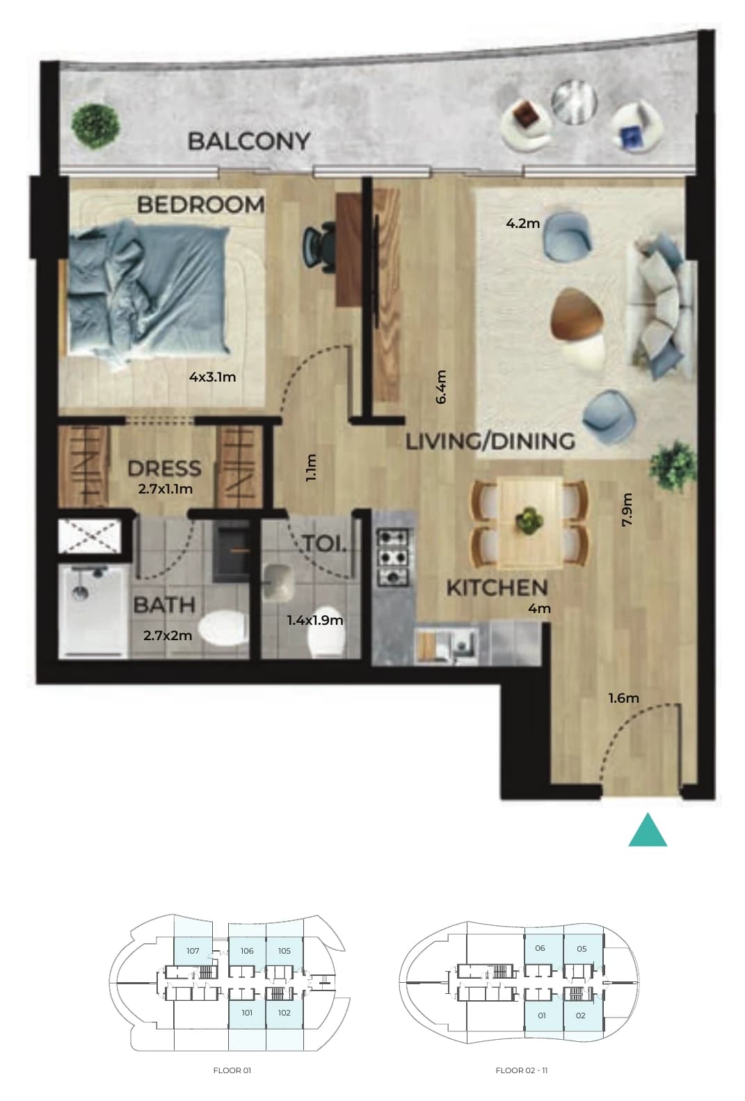 1 bedroom type A floor plan
