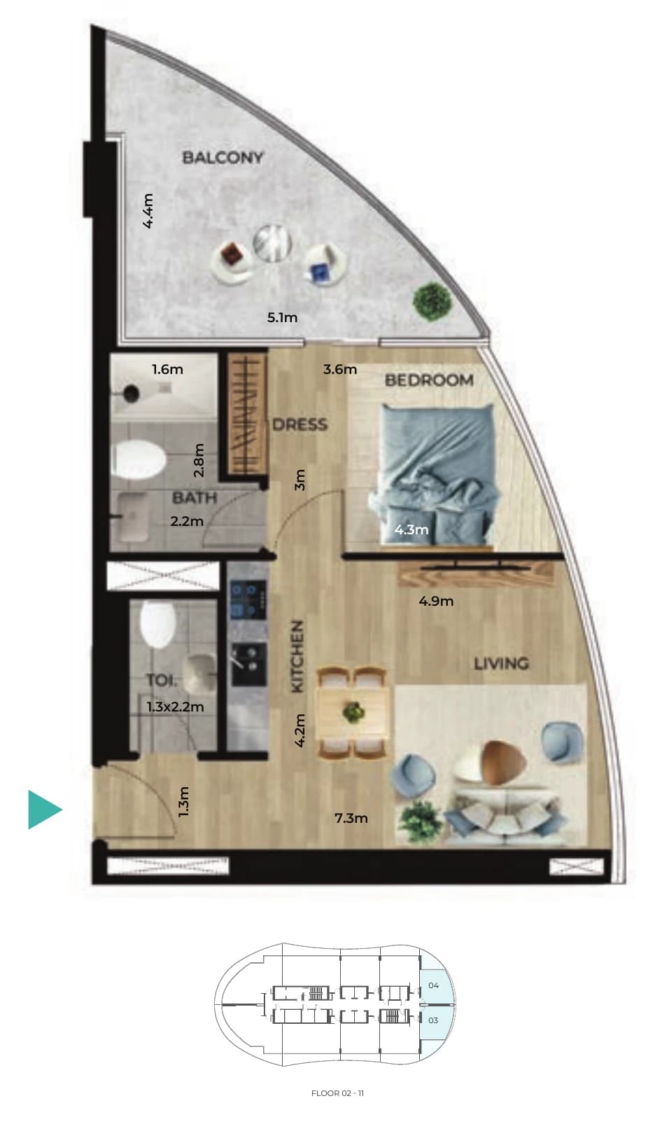 1 bedroom type C floor plan