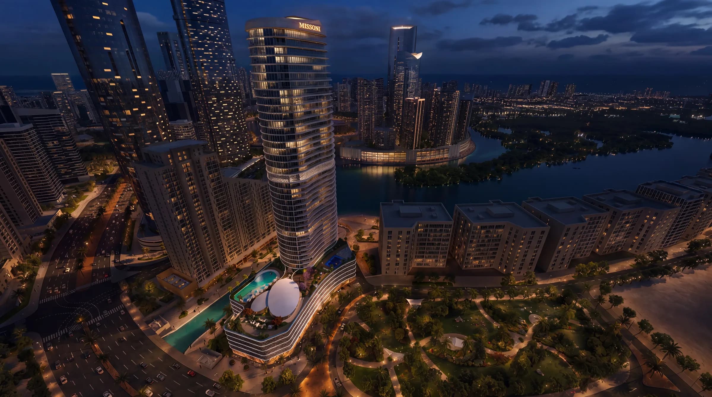 Waterfront by Missoni at night, Al Reem Island