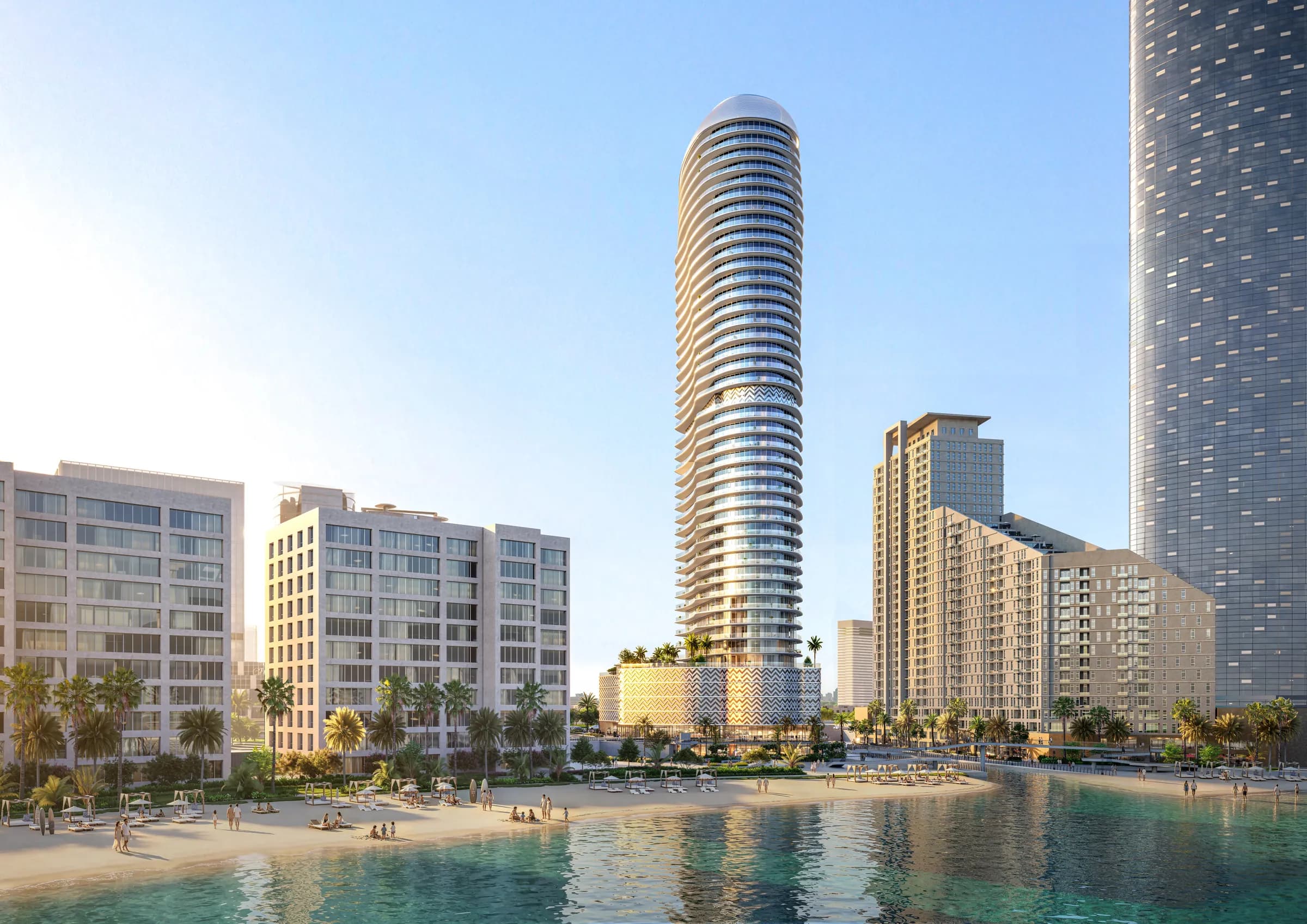 Beachfront tower and Abu Dhabi skyline
