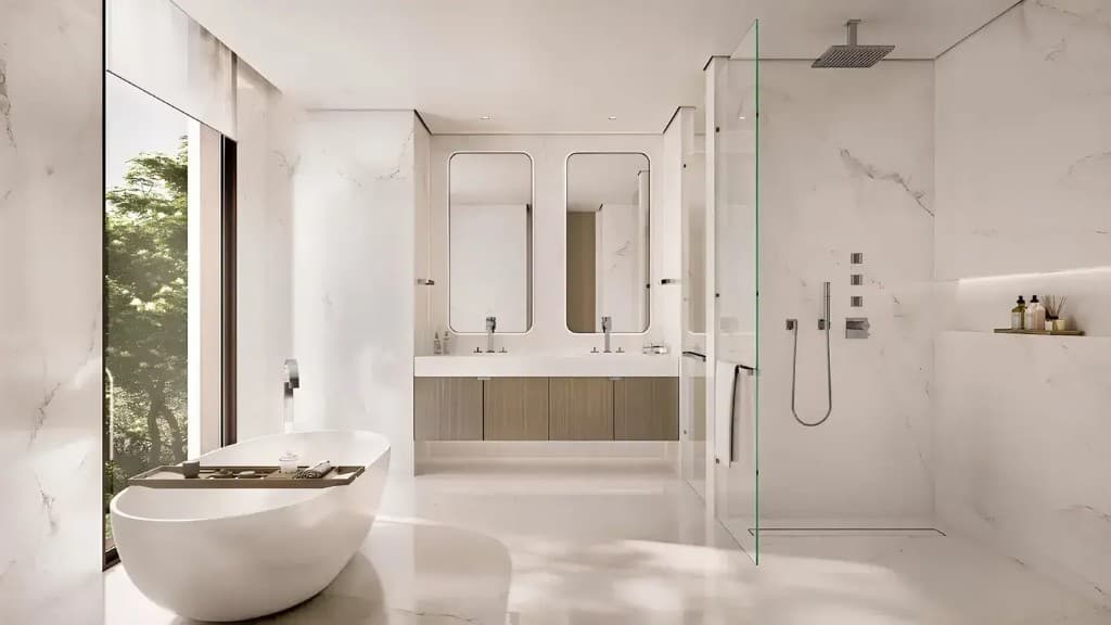 Marble bathroom at Y Views at Bayn, ORA villas in Ghantoot, Abu Dhabi