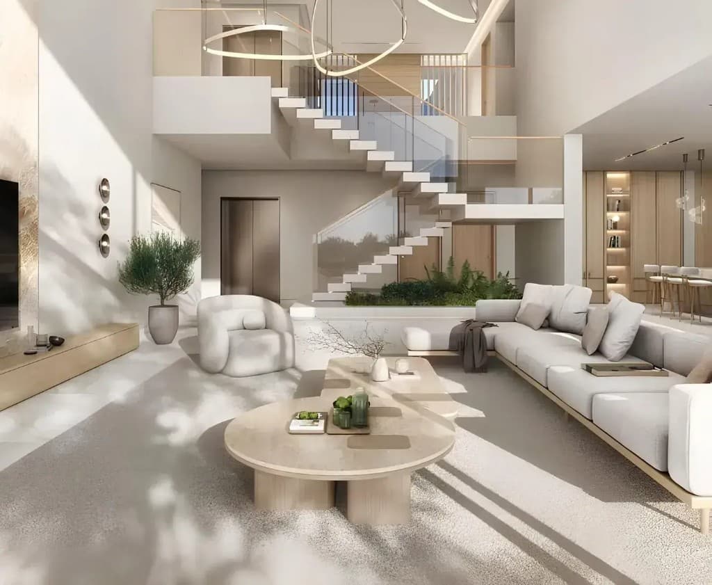 Double-height living stair at Y Views at Bayn, ORA villas in Ghantoot, Abu Dhabi
