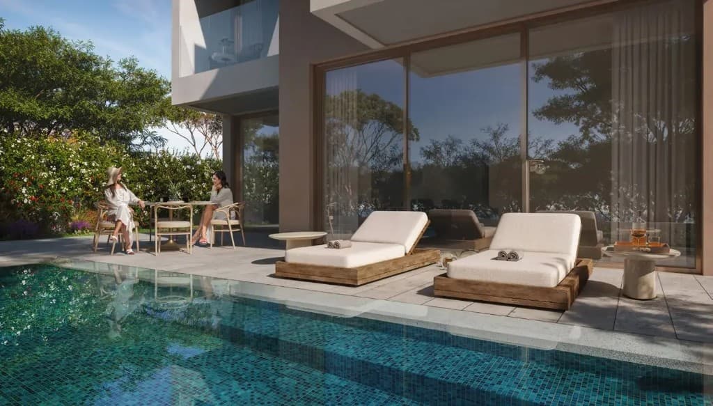 Beach club terrace at Y Views at Bayn, ORA villas in Ghantoot, Abu Dhabi