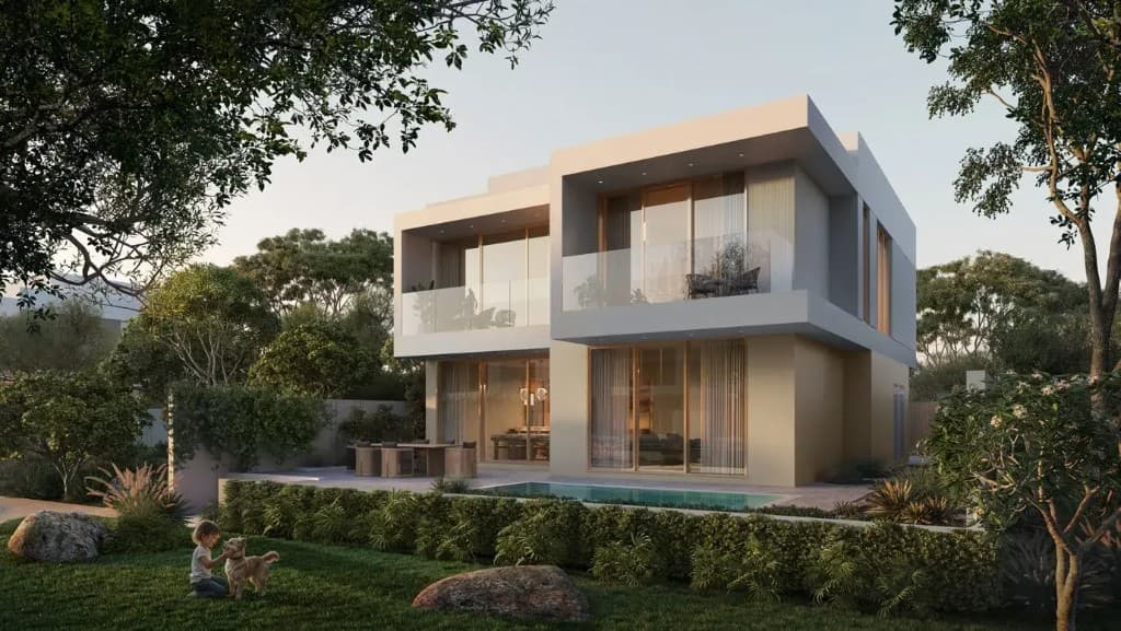 Park-side villa garden at Y Views at Bayn, ORA villas in Ghantoot, Abu Dhabi