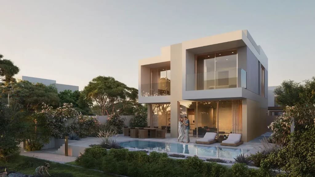 Villa pool at dusk at Y Views at Bayn, ORA villas in Ghantoot, Abu Dhabi