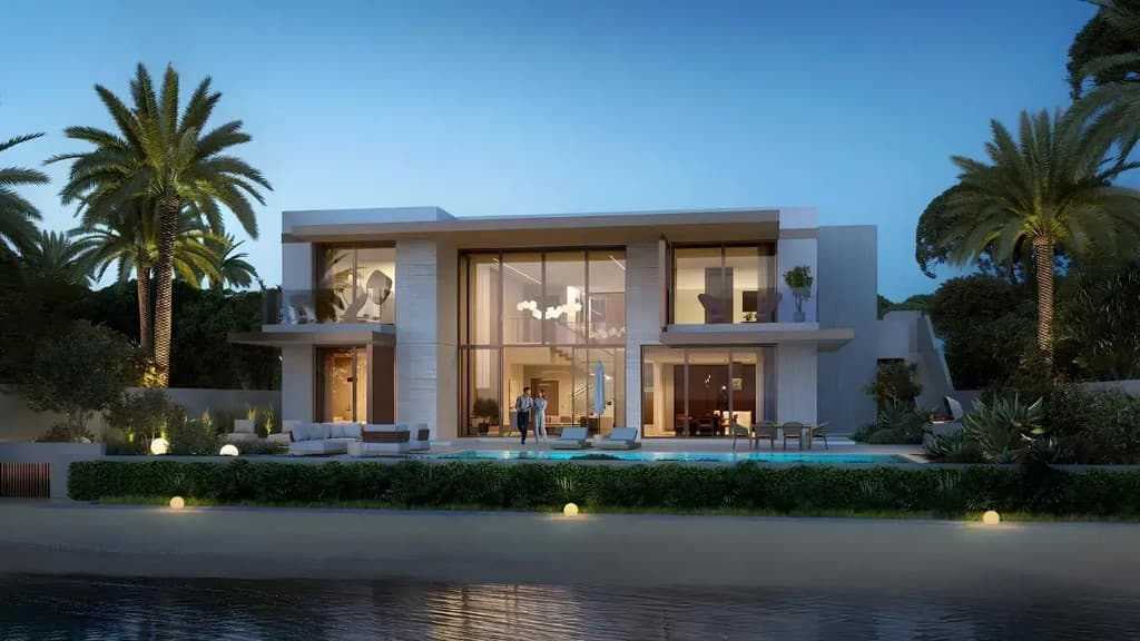 Waterfront villa at night at Y Views at Bayn, ORA villas in Ghantoot, Abu Dhabi