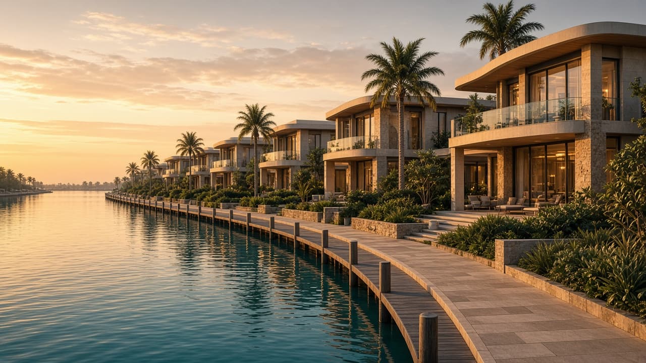 Original placeholder hero of canal-front villas and private docks in a waterfront setting, used for Yas Riva Reserve by Aldar on Yas Island, Abu Dhabi