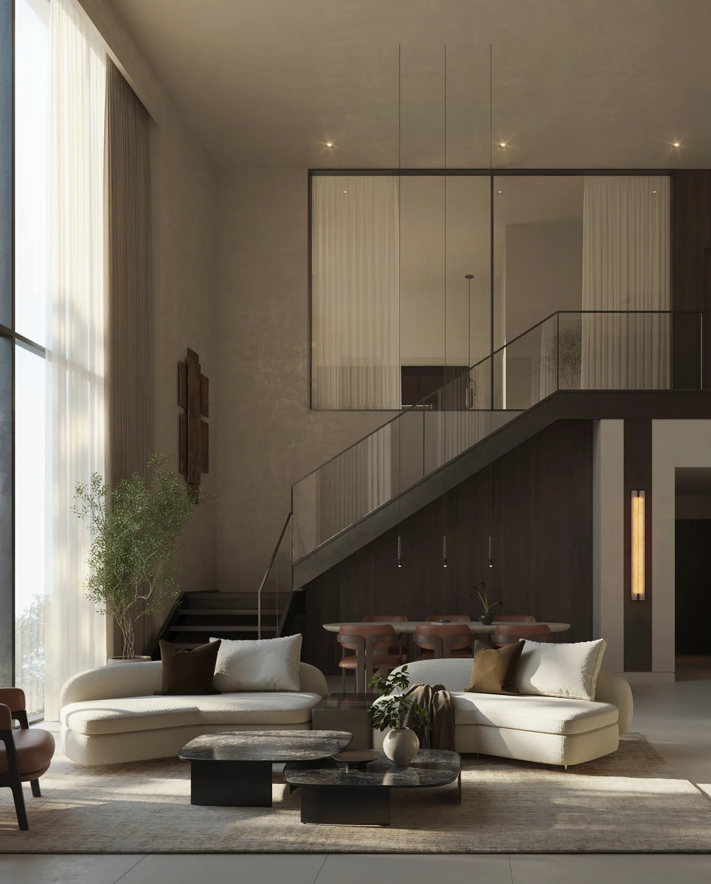 Sei Saadiyat by Aldar Kanso Loft double-height living room with mezzanine bedroom in Saadiyat Cultural District, Abu Dhabi