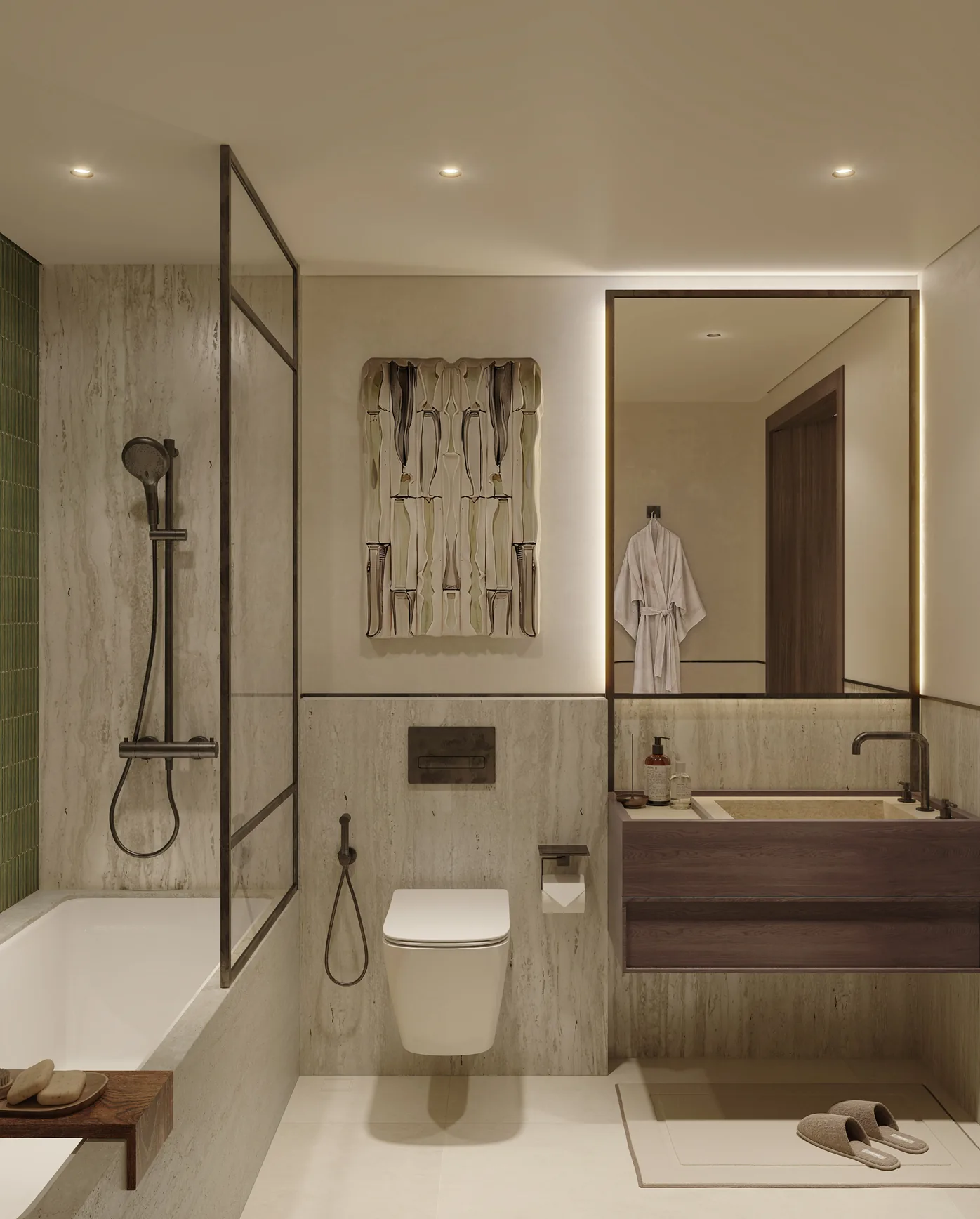 Sei Saadiyat by Aldar Kanso Residences bathroom interior with stone and wood finishes on Saadiyat Island, Abu Dhabi
