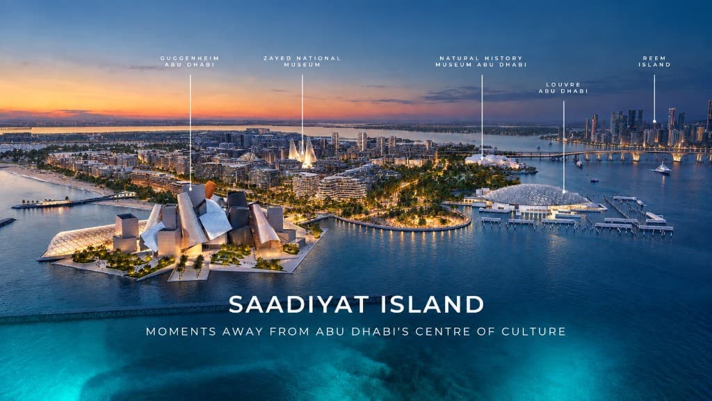 Map-style view of Saadiyat Cultural District landmarks near Sei Saadiyat by Aldar — Louvre Abu Dhabi, Zayed National Museum and Guggenheim Abu Dhabi on Saadiyat Island, Abu Dhabi
