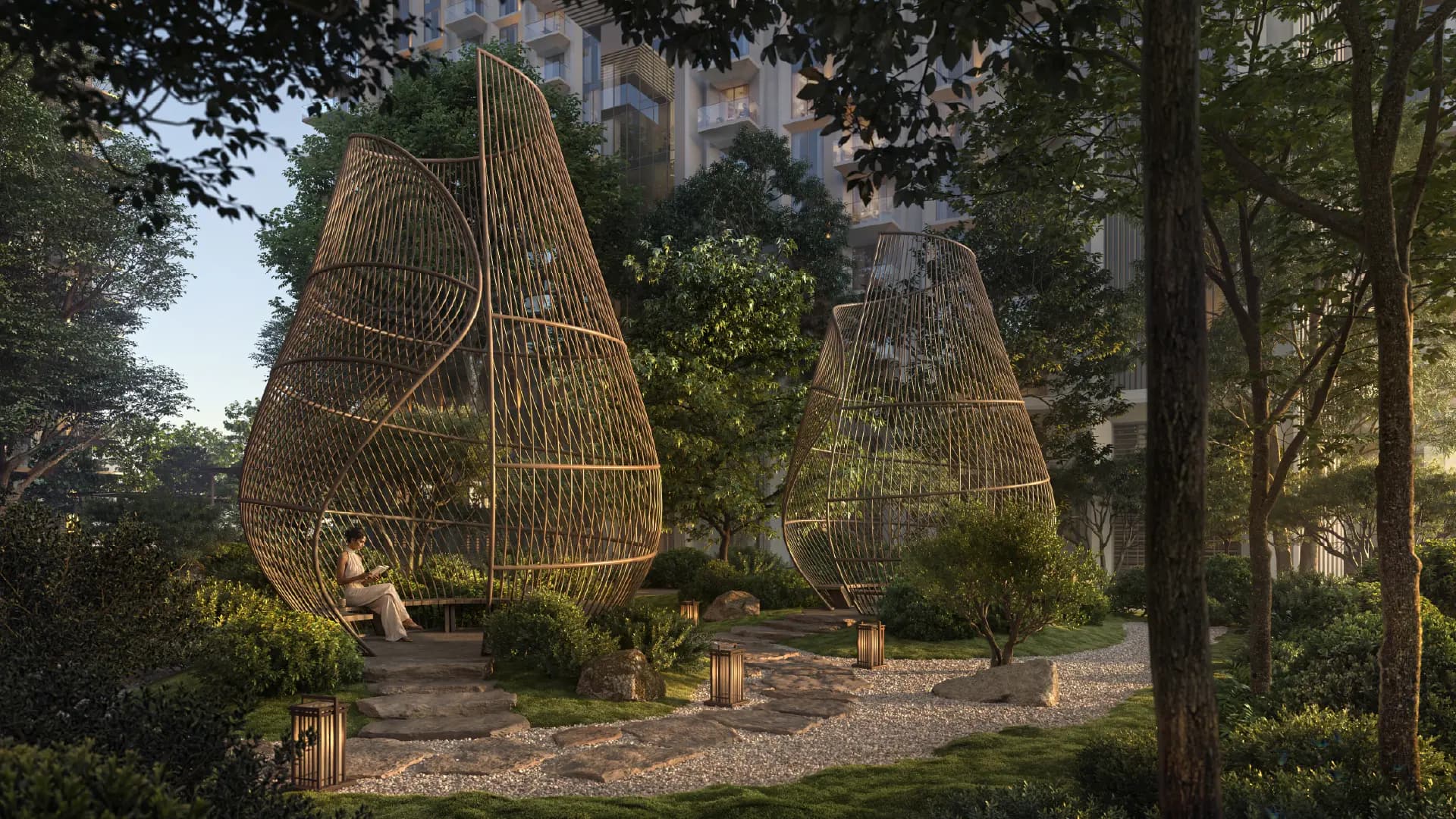 Sei Saadiyat by Aldar pod garden amenity with woven wooden wellness pods, stepping-stone paths and lantern lighting in Saadiyat Cultural District on Saadiyat Island, Abu Dhabi