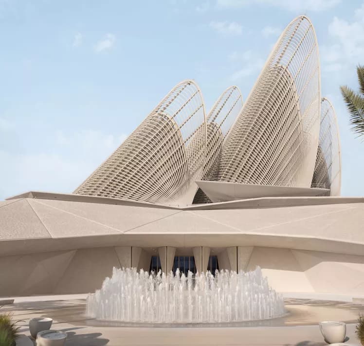Zayed National Museum falcon-wing architecture near Sei Saadiyat by Aldar in Saadiyat Cultural District, Abu Dhabi — reference institutional imagery